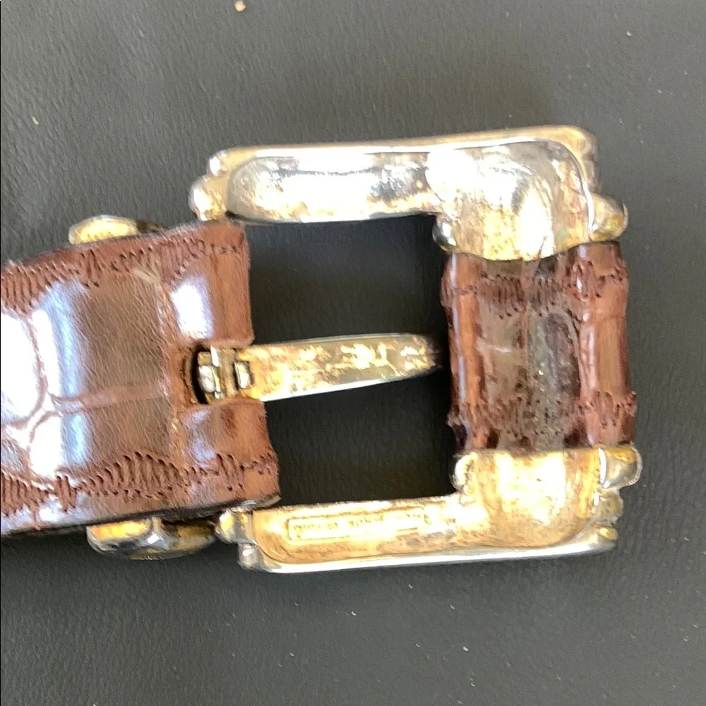 La Doppia Vita Brown Croc Embossed Leather Double Prong Belt